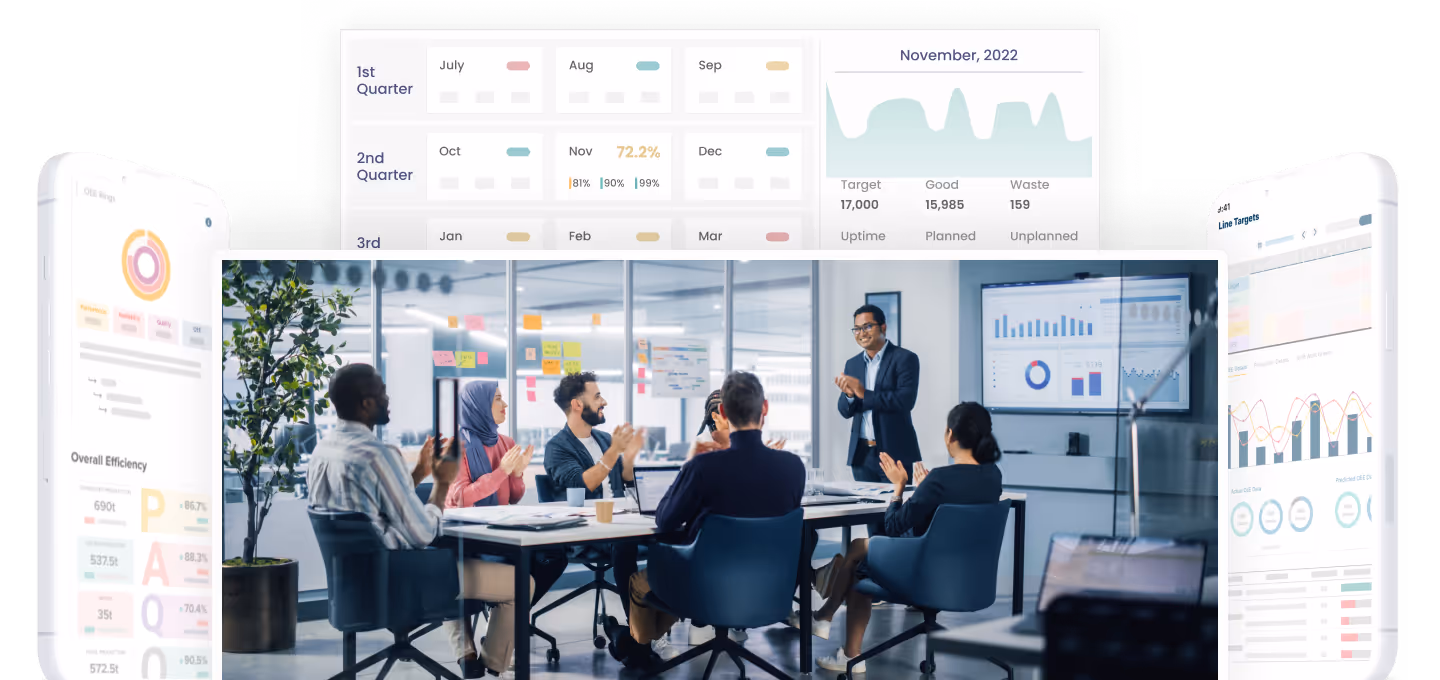 Top manufacturing leadership using digital tools in a meeting room