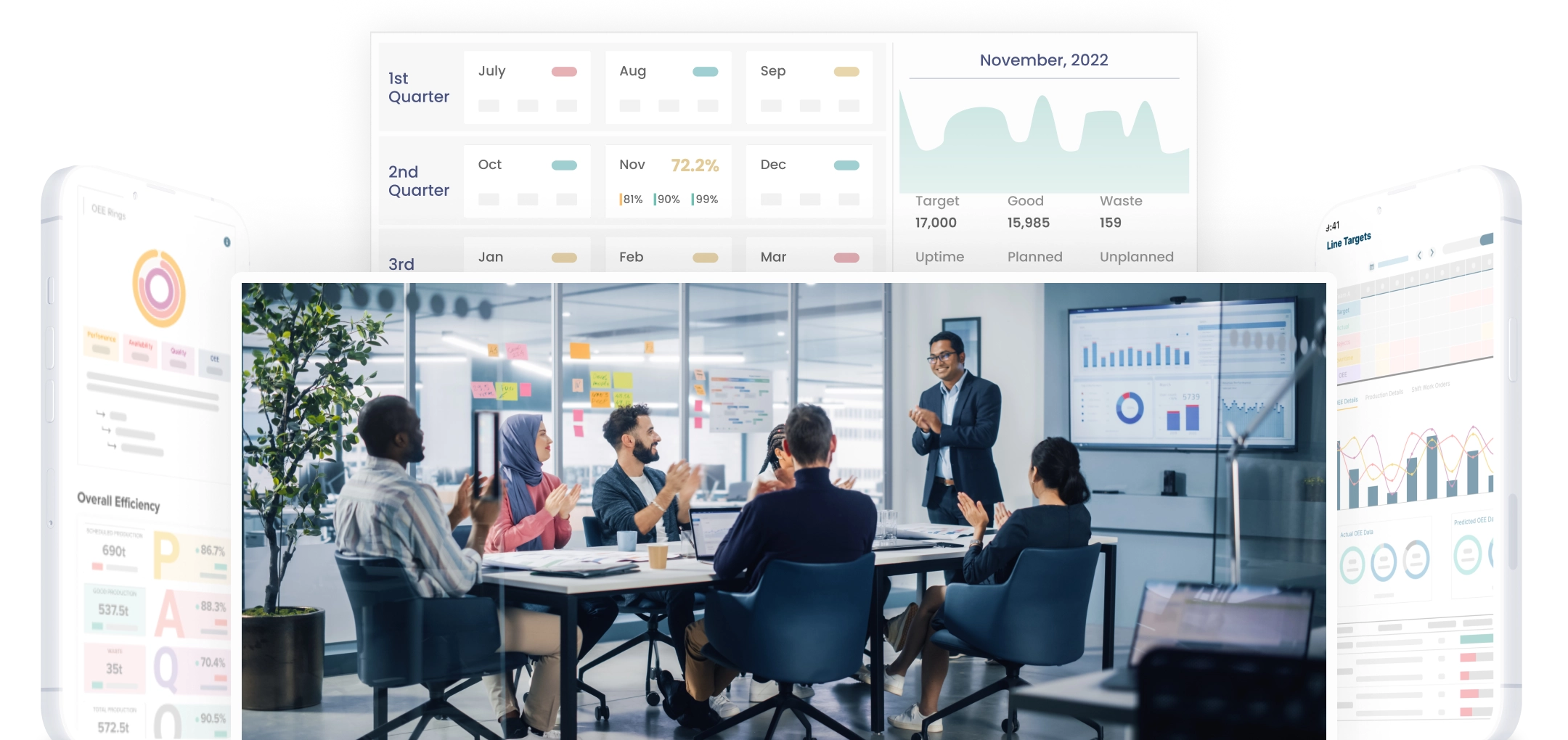 Top manufacturing leadership using digital tools in a meeting room